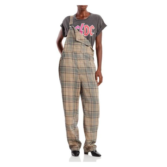 WEWOREWHAT Womens Brown Bib Overall Side Button Plaid Straight leg Jumpsuit M - Picture 1 of 3